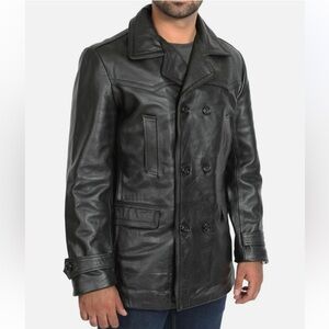NWT Men's Double Breasted Leather Black Jacket Fitted Reefer Military Coat